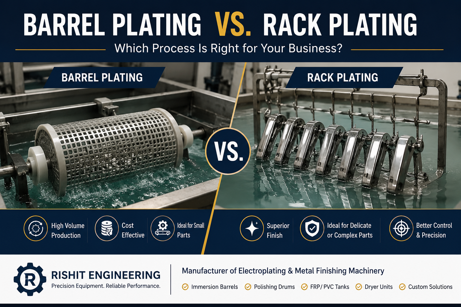 Barrel Plating vs. Rack Plating comparison showing electroplating processes and metal finishing equipment by Rishit Engineering